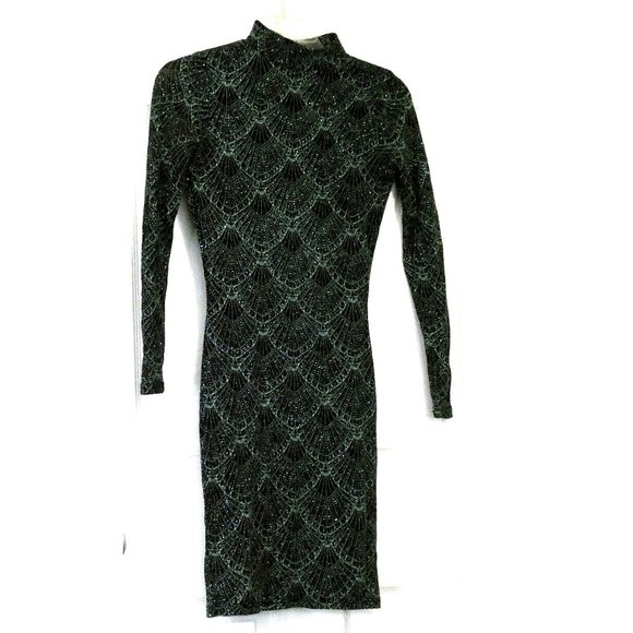 Sparkling Bodycon Dress Black Green Spiderweb Sexy Sally UK Size 8 USA 4 - Picture 1 of 10